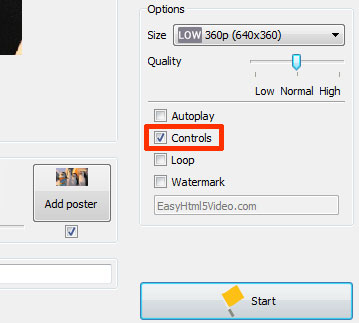 Set the 'Controls' option in EasyHTML5Video application to make the video with controls'