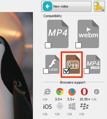 Choose Ogg video format in EasyHTML5Video application to convert your video to Ogg