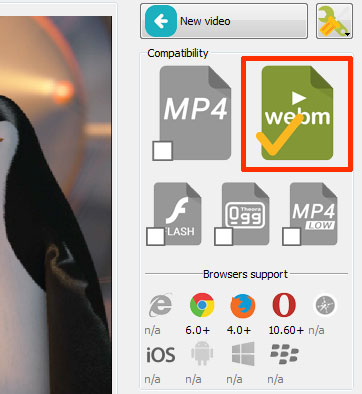 Choose 'Webm' video format in EasyHTML5Video application to convert your video to Webm